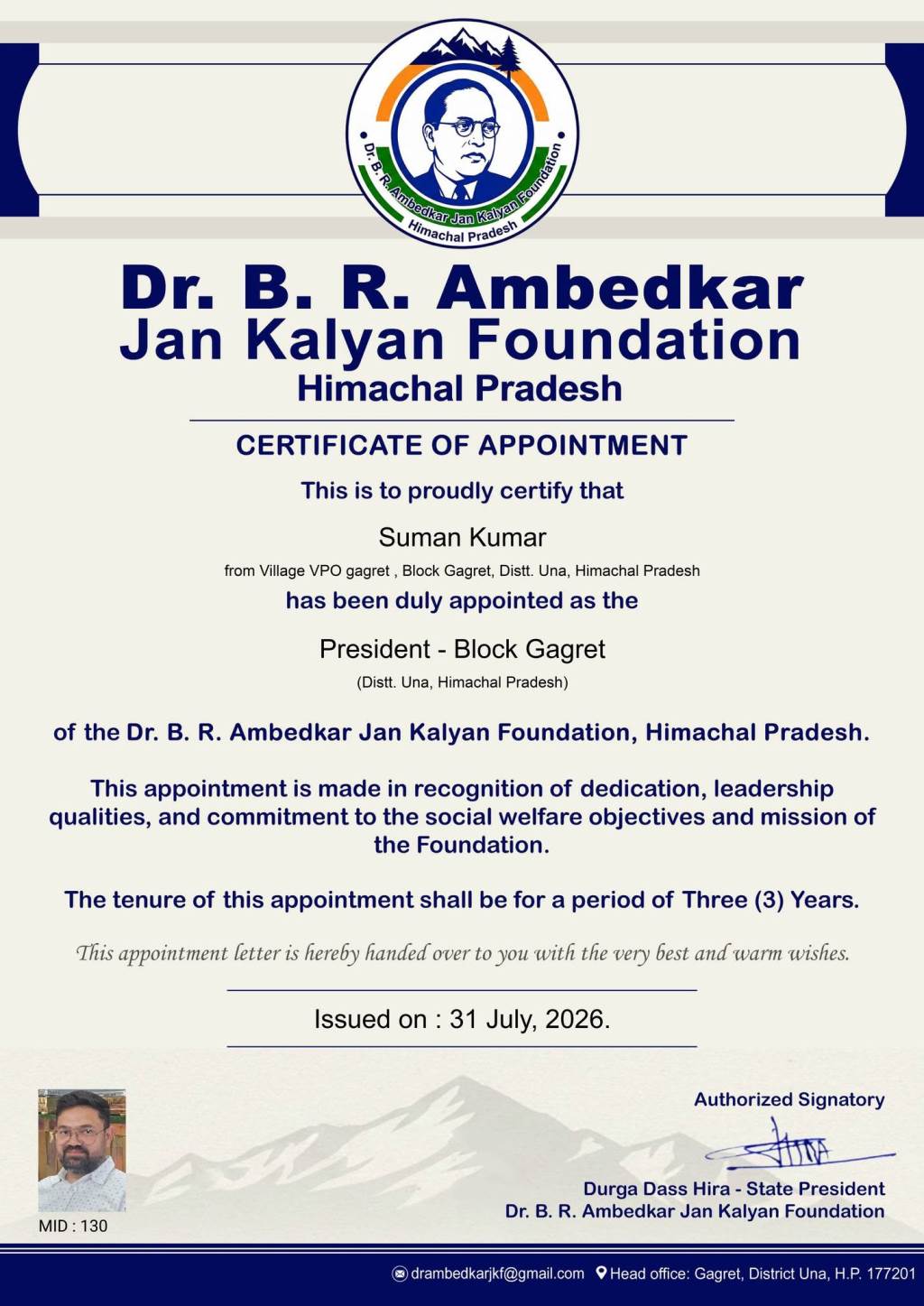 Dr BR Ambedkar Jan Kalyan Foundation Himachal Pradesh Appoints Suman Kumar as Gagret Block President